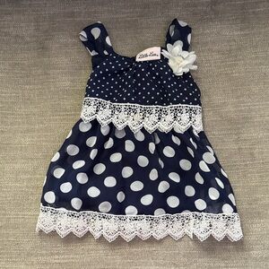 Little Lass Navy and White Polka Dot Dress with Lace Trim